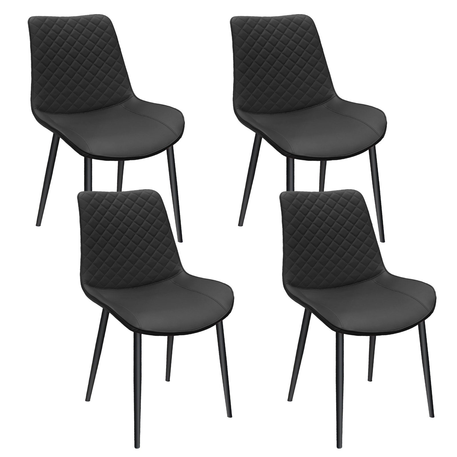 Black PU Leather Dining Chair With Metal Legs, Chequer Upholstered Armless Chair Set Of 4 For Kitchen, Restaurant, Living, Meeting Room_voghion.com